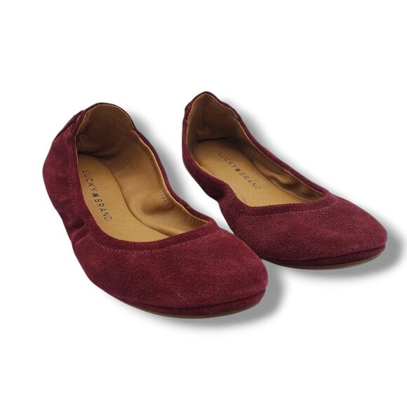 Lucky Brand Echo Ballet Flats Womens 6.5 Red Suede Slip On Laced - Picture 2 of 9